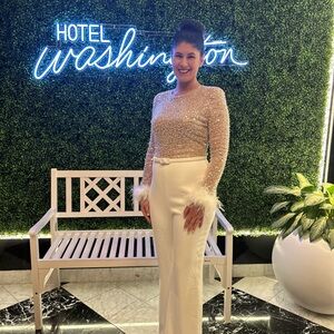 NADINE MERABI Cream Jumpsuit with Feather Details